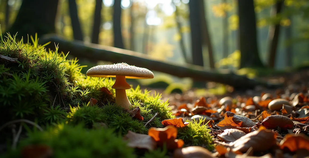 Sous-bois de châtaigniers avec tapis de mousse et lumière tamisée propice aux cèpes