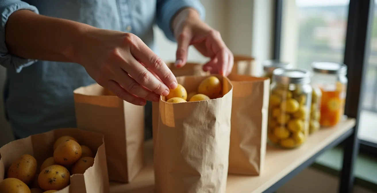 Vue en contre-plongée de pommes de terre dans un cellier moderne