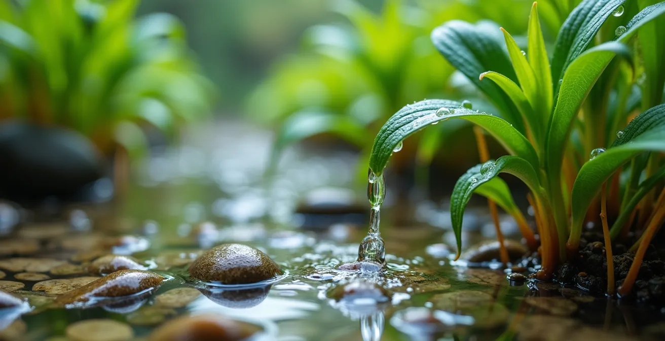 Système de phytoépuration naturel avec plantes aquatiques filtrant l'eau en montagne
