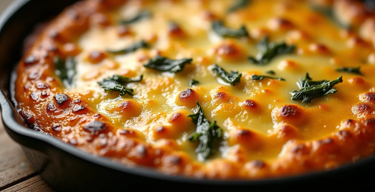Tartiflette allégée vue de dessus avec légumes verts et fromage doré dans un plat en fonte