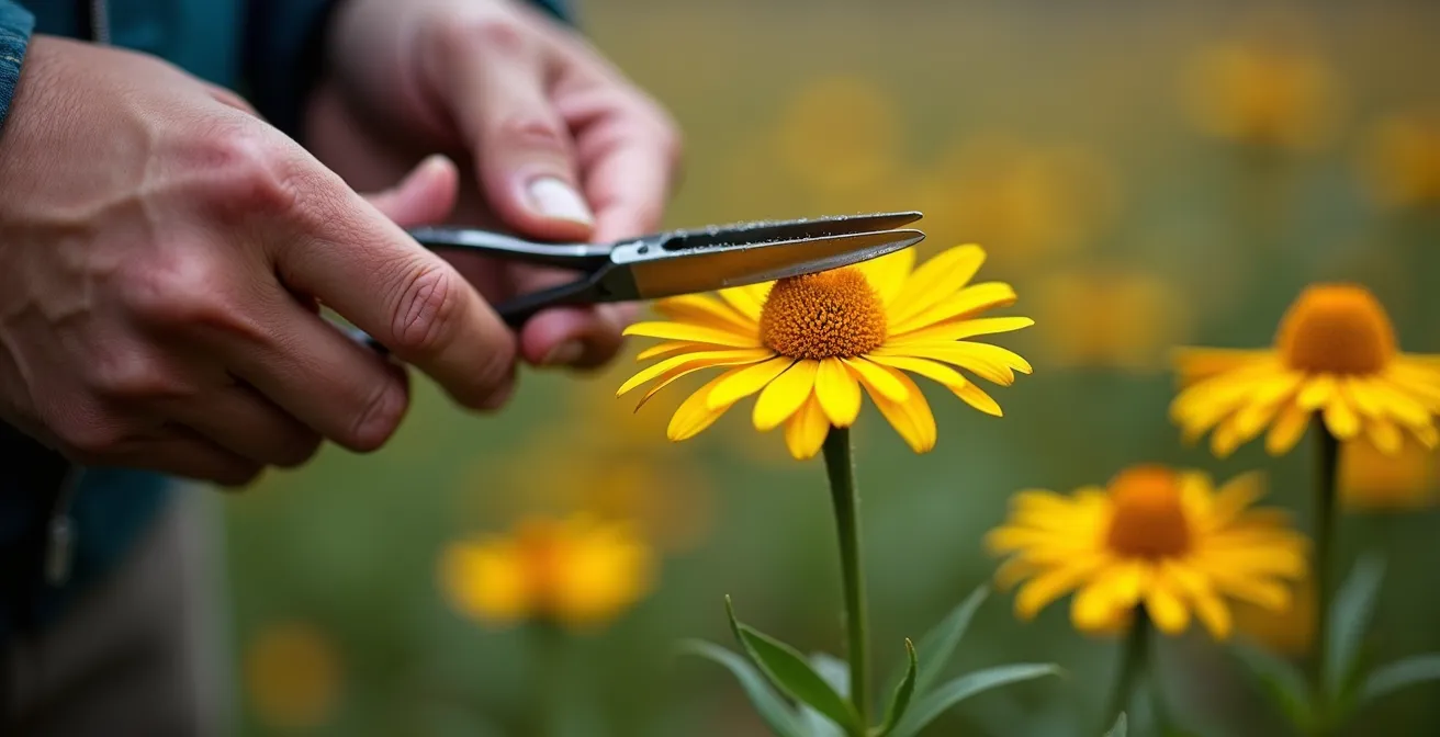 Mains cueillant délicatement des fleurs d'arnica avec des ciseaux de précision