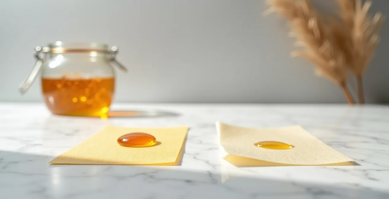 Test du papier buvard montrant la différence d'absorption entre miel pur et miel dilué