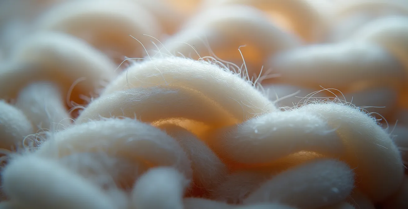 Vue macro détaillée des fibres de laine mérinos montrant leur structure écailleuse