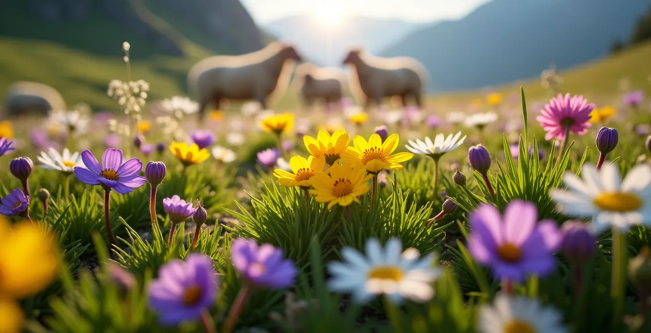 Prairie alpine fleurie avec diversité de fleurs sauvages colorées sous l'effet du pâturage modéré