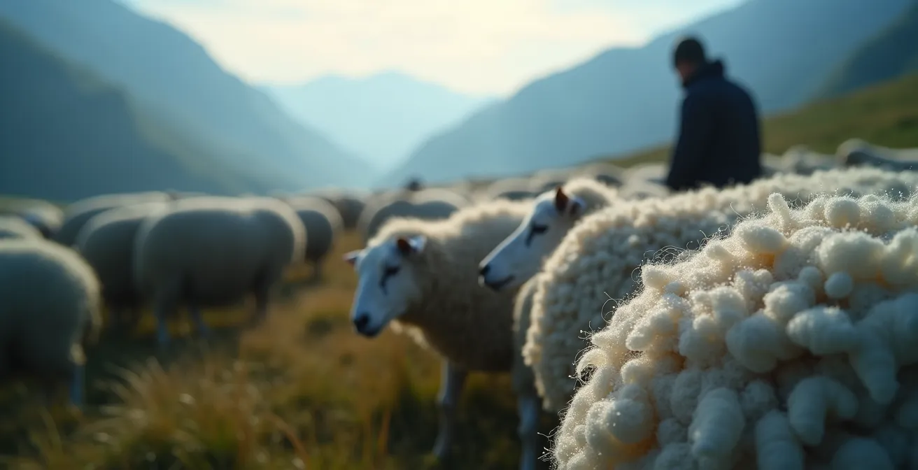 Troupeau de moutons montant vers l'alpage à l'aube avec berger et chien