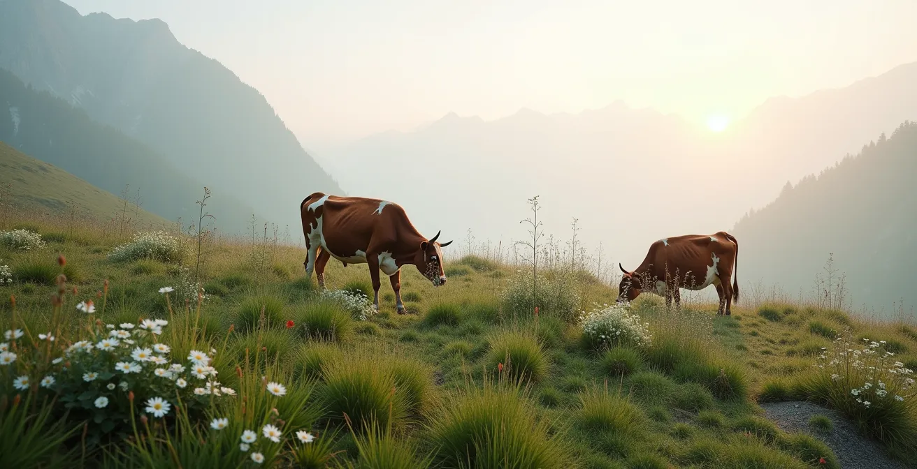 Vaches de race Abondance broutant dans un alpage fleuri avec une mosaïque de végétation