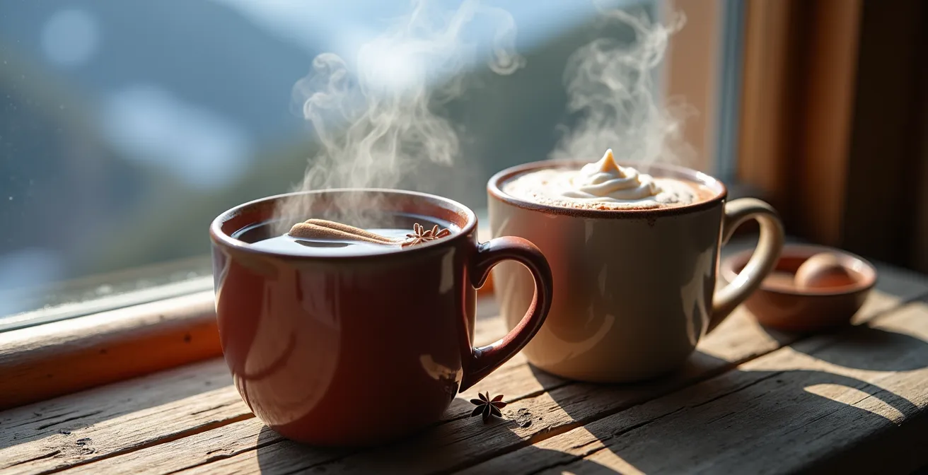 Gros plan sur deux tasses fumantes posées sur une table en bois avec épices et chocolat, montagnes floues en arrière-plan