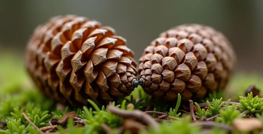 Gros plan macro sur deux pommes de pin grignotées montrant les motifs de rongement distincts de l'écureuil et du mulot Gros plan macro sur deux pommes de pin grignotées montrant les motifs de rongement distincts de l'écureuil et du mulot