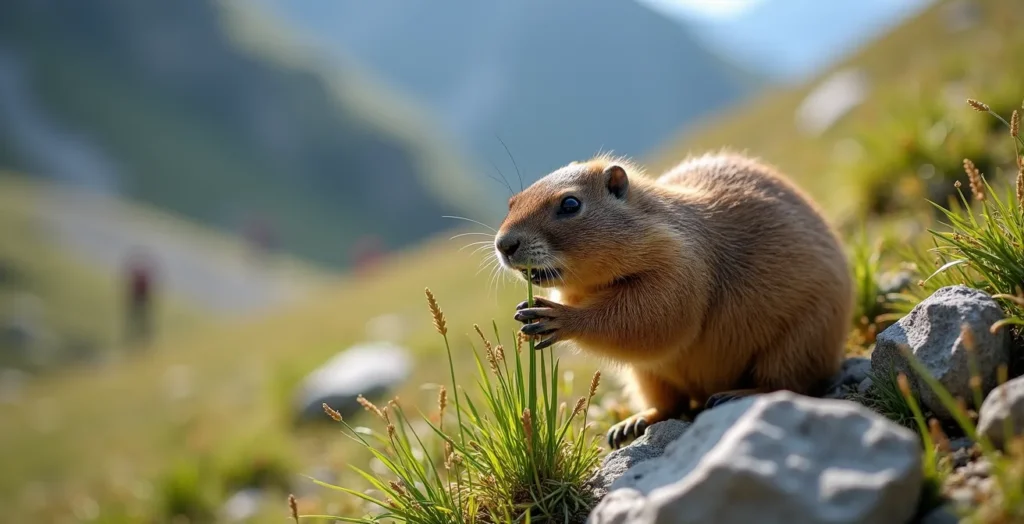 Marmotte des Alpes en train de brouter naturellement dans son habitat de prairie alpine Marmotte des Alpes en train de brouter naturellement dans son habitat de prairie alpine